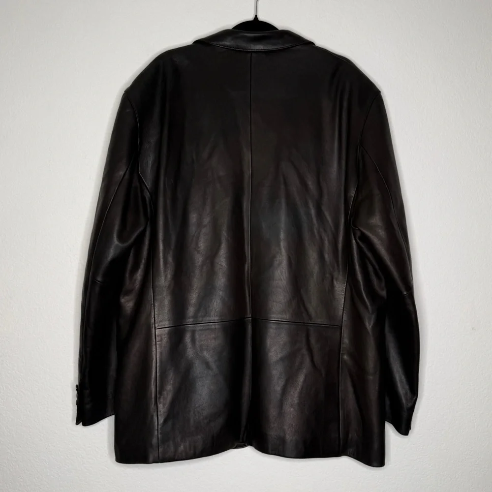 Nordstrom Black Lamb Leather Blazer Italian Made Three Button Jacket Size 46R
